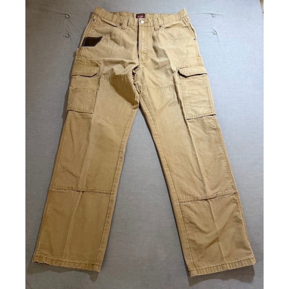 Wrangler Double Knee Cargo Pants Khaki Tan Workwear Relaxed Utility Mens 36x33.